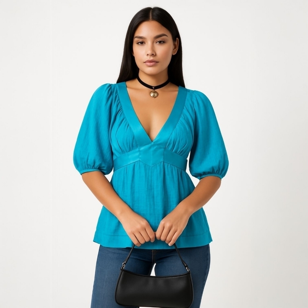 Y2K Bebe Vintage Babydoll Top Empire Waist Teal Blue Cotton Silk Puff Sleeve M